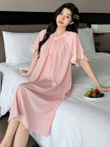 DAZY Sweet Ruffled Hem A-Line Design Women Nightgown Pajama - Pink - View 4