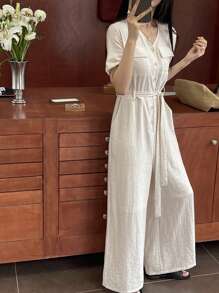 DAZY Elegant V-Neck Wide Leg Palazzo Jumpsuit For Women Linen - Beige - View 3