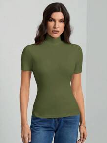 SHEIN Tall 女士纯色基本款黑色高领短袖 T 恤 - 軍綠色 - 查看 3