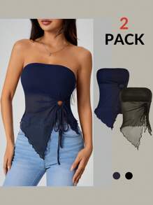 SHEIN PETITE Lettuce Trim Drawstring Sides Asymmetrical Hem Asymmetrical Two Pieces Top - Navy Blue - View 9