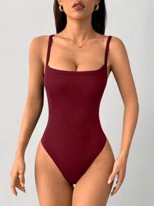 SHEIN PETITE Bộ đồ liền thân bó sát có dây đeo co giãn cao dành cho nữ - Màu Đỏ Sâu - Xem 4