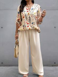 EMERY ROSE 2pcs Plus Size Floral Printed Vacation/Casual Shirt And Pants Set - Multicolor - View 4