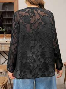 SHEIN Essnce Plus Size Women's Spring And Summer Fashion Casual Loose Comfortable Cool Everyday V-Neck Black See-Through Button-Down Shirt, Women's Summer Clothing, Old Money Style , Curve Tops, Work Tops, Vacation Clothing,Curve Tops - Black - View 2