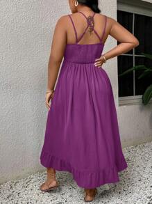 SHEIN VCAY Plus Size Casual Ruffle Trim Camisole Patchwork Dress - Violet Purple - View 2