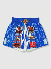 ROMWE MEN Prep Shorts de Boxe Casuais Soltos com Cintura Elástica e Estampa de Slogan Masculino - Azul - Visão 1