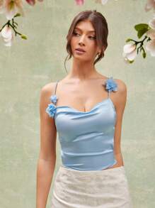 L'Amorae 女士性感花卉装饰系带露背吊带背心上衣 - 藍色 - 查看 1