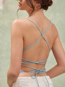 L'Amorae 女士性感花卉装饰系带露背吊带背心上衣 - 藍色 - 查看 2