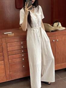 DAZY Elegant V-Neck Wide Leg Palazzo Jumpsuit For Women Linen - Beige - View 4