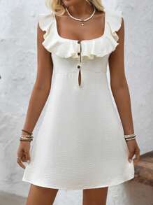 SHEIN VCAY Women's Solid Color Ruffle Patchwork Single Breasted Fashion Dress - Beige - View 3