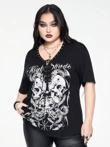 ROMWE Goth Plus Size V-Neck Drawstring Skull & Snake Skin Graphic Print Short Sleeve T-Shirt - Black - View 5