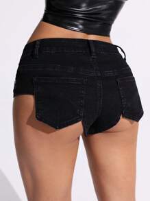 SHEIN EZwear 女士时尚性感低腰迷你牛仔短裤 - 黑色 - 查看 2