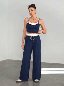 SHEIN Tall 2pcs/Set Contrast Color Camisole & Drawstring Waist Casual Pants Outfit - Navy Blue - View 7