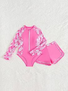 Tween Girl Tropical Plant Print Raglan Sleeve One Piece Swimsuit With Shorts - Multicolor - View 7