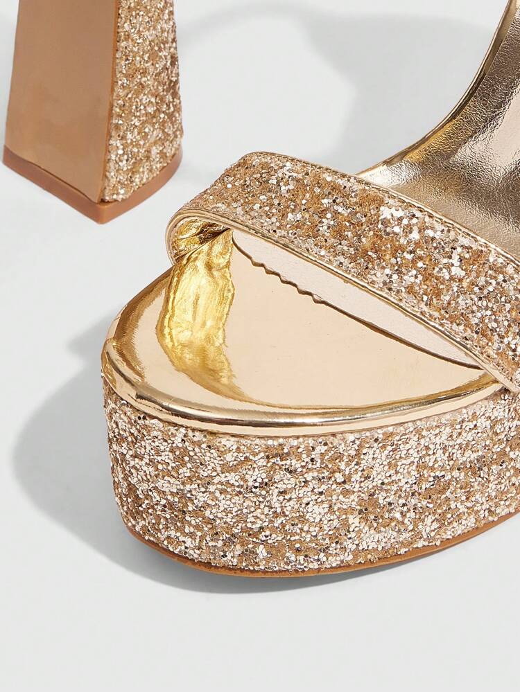 CUCCOO LuxiPop Sandalias de plataforma de tacón alto ancho y puntera redonda para mujer, impermeables, color dorado, diseño de moda sexy para salir de noche, estilo callejero, citas, fiestas, verano