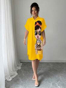 Chiquease Summer Casual People Pattern Front Button Up Shirt Dress - Multicolor - View 6