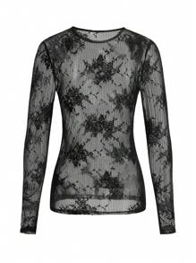 MISSGUIDED Music Festival Sheer Lace Long Sleeve Top - Black - View 2