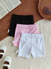 SHEIN Vintaside Kids 3件套女婴0-3岁春夏新品，四季皆宜休闲运动弹力罗纹针织柔软Morandi配色粉色、米色、灰色3件套修身短裤套装，及膝长度，适合居家和户外穿着 - 彩色 - 查看 2