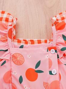 SHEIN 2pcs/Set Baby Girl Plaid And Floral Print Cap Sleeve Button Down Dress, Cute Summer Vacation