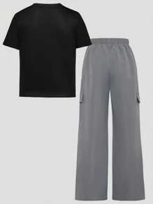 SHEIN Ensemble oversize à épaules tombantes t-shirt à manches courtes hip-hop et pantalon cargo ample à jambes larges plissées pour adolescentes