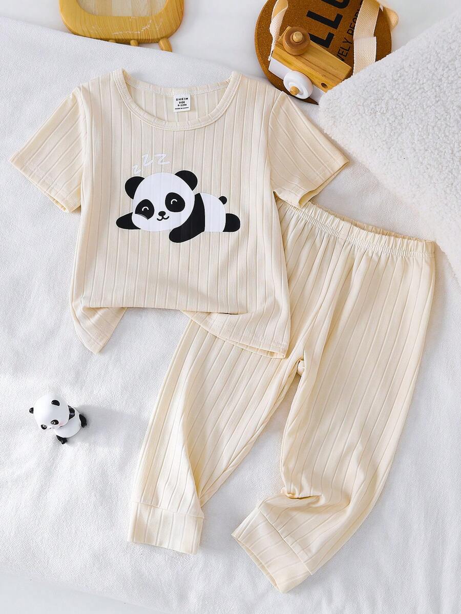 SHEIN 2pcs/Set Newborn Infant Boys Adorable Panda Graphic Ribbed Knit Stretchy Short Sleeve Top And Pants Loungewear Set For Spring/Autumn - Apricot - View 1
