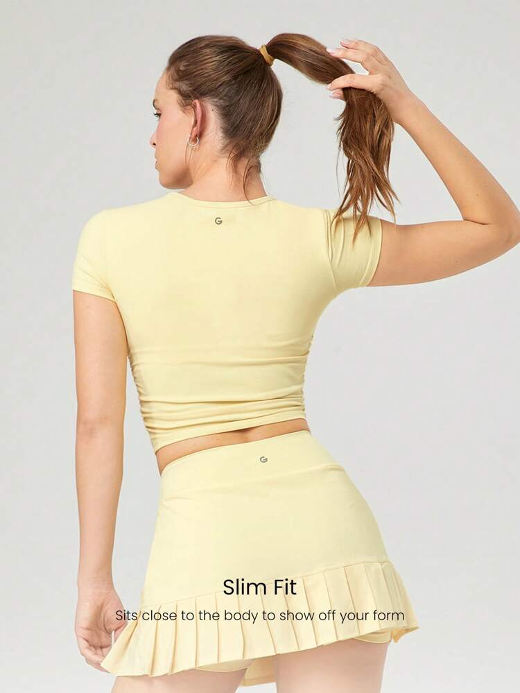 FeatherFit™ Focus Drawstring Pleated Short Sleeve Tee Light Support Low Impact Yoga Pilates Studio Gym
