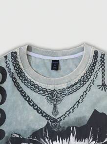 ROMWE MEN Anime 男士圆领短袖印花休闲上衣，日常穿着 - 淺灰色 - 查看 4