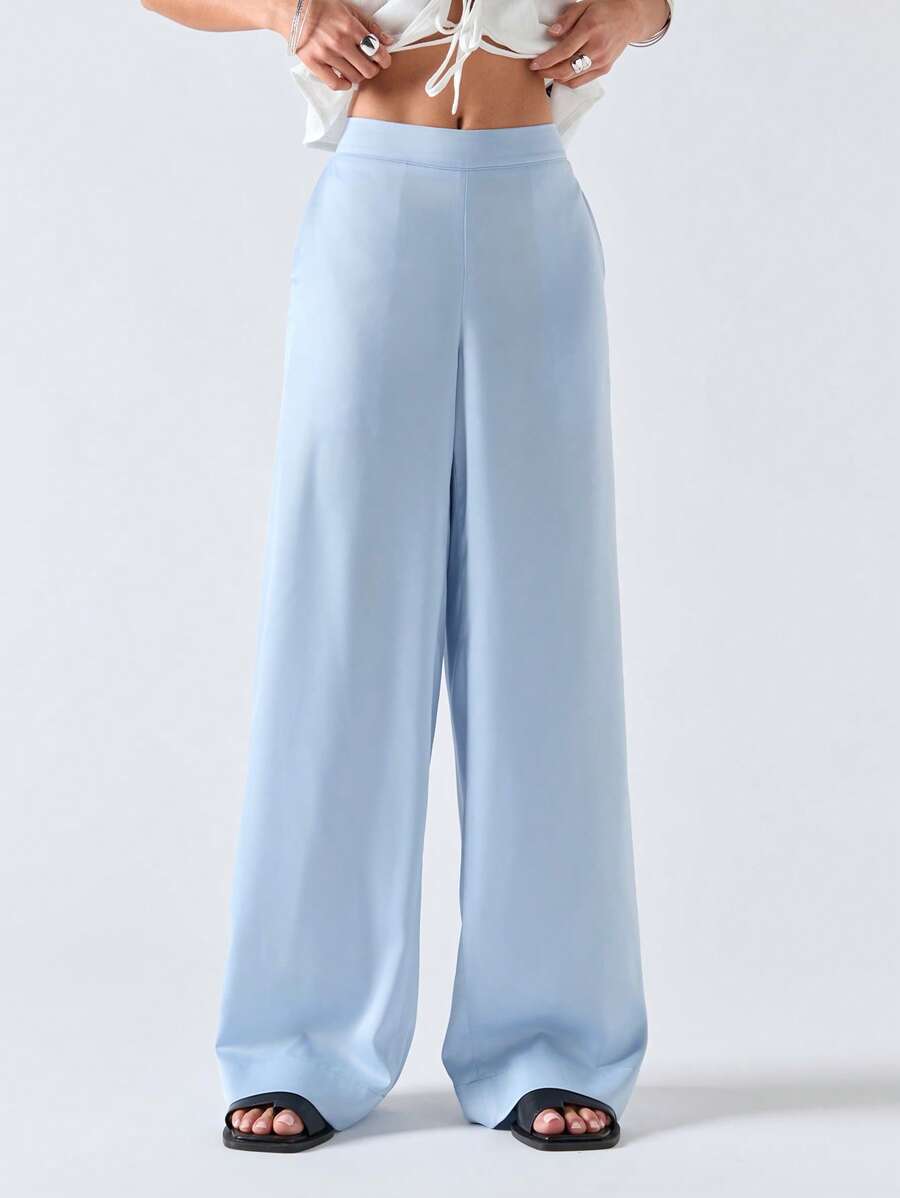 LYSMO 女士淡蓝色低腰休闲阔腿裤 - 藍色 - 查看 1
