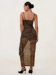 Glamine 性感优雅蕾丝豹纹不对称腰部透视鱼骨褶皱细节单肩带长裙女式超长女装 - 彩色 - 查看 2