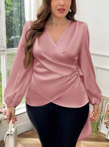 SHEIN Privé Plus Size Women Spring & Autumn Elegant Solid V-Neck Asymmetrical Pleated Pearl Beaded Ruffle Hem Casual Work Blouse Shirt, Long Sleeve Fall - Pink - View 5