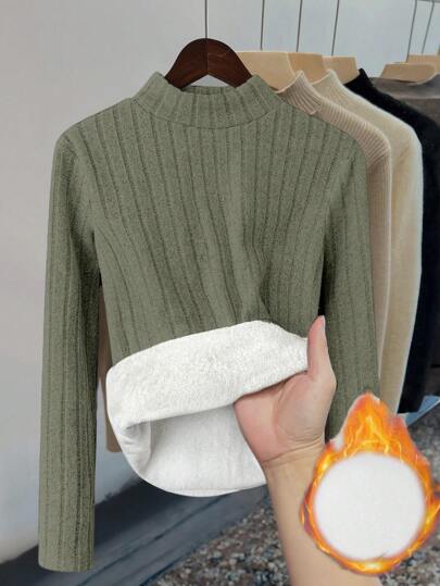 Glimmora Camiseta de manga larga con cuello alto de mujer con ajuste ceñido de forro polar espesado