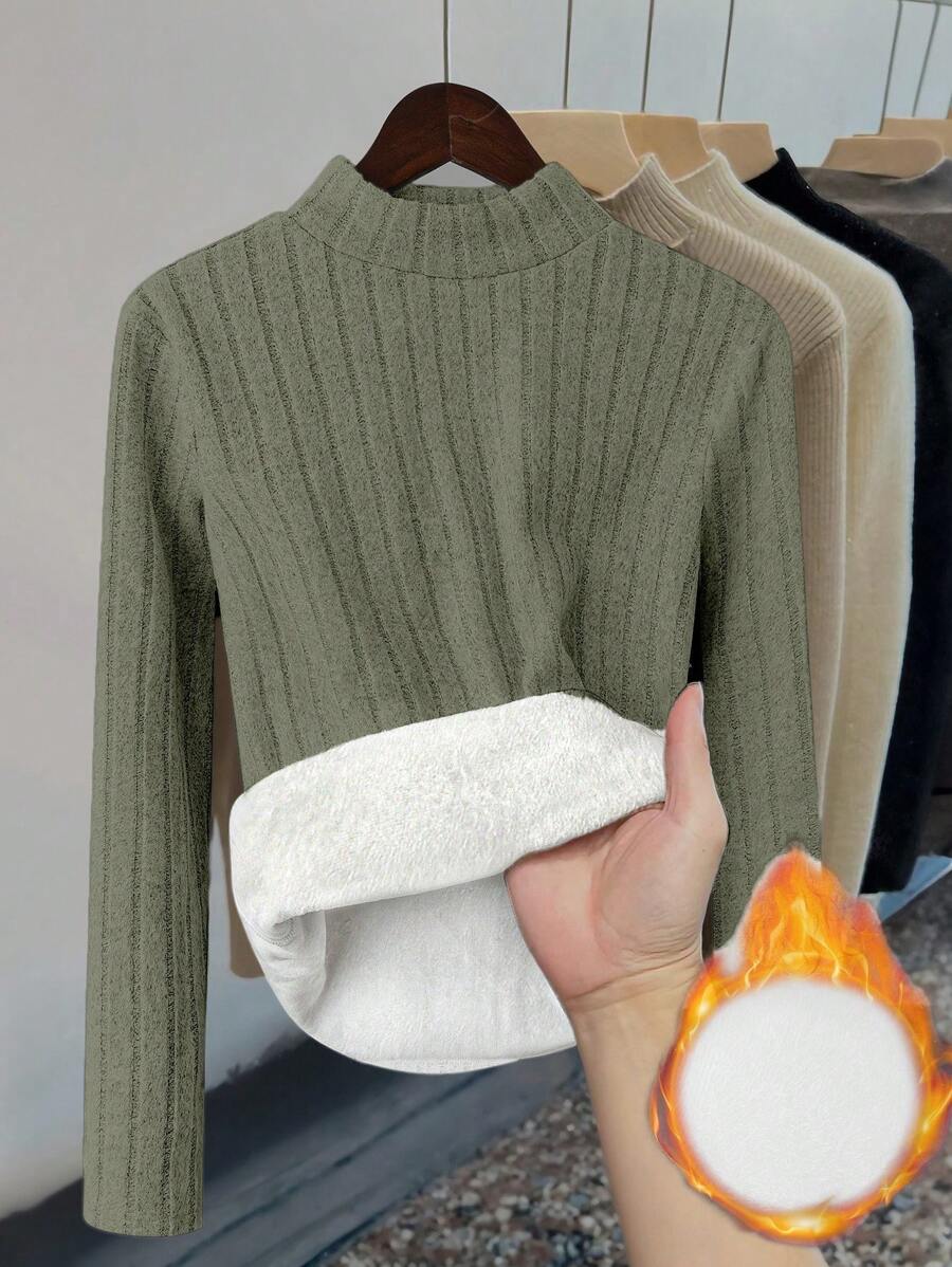 INAWLY 加厚羊毛女式修身纯色立领长袖 T 恤 - 軍綠色 - 查看 1