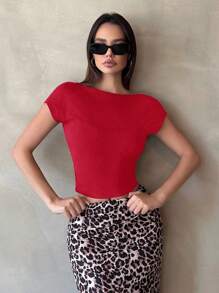 SHEIN Tall Áo thun đen thoáng khí cho nữ có miếng lót ngực không dây - Đỏ - Xem 2