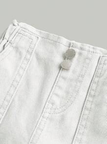 SHEIN 女婴休闲纯色口袋牛仔裤 - 白色 - 查看 4