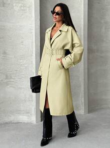 EURMUSE 女士纯色落肩超大系带风衣 - 綠色 - 查看 4