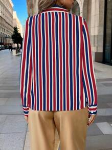 SHEIN LUNE Casual Striped Long Sleeve Shirt, Suitable For Commuting In Spring & Autumn Fall Cloth For Women - Multicolor - View 2