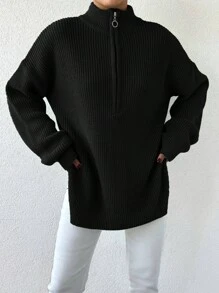 EURMUSE Women's Zippered Half Placket Drop Shoulder Long Sleeve Sweater - Black - View 5