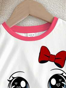 SHEIN Leap Crew Cute Cartoon Cat Face & Bow Print Young Girl Casual Minimalist Short Sleeve T-Shirt & Shorts 2 Pieces Set, Suitable For Summer - Multicolor - View 4