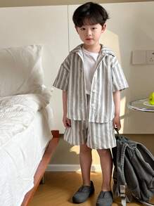 Dazy Kids 2 件套幼儿男童条纹短袖衬衫和短裤休闲装，夏季 - 白色 - 查看 4