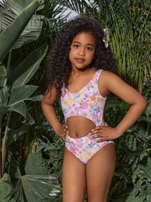 Tween Girl Ditsy Floral Crochet Cutout One-Piece Swimsuit, Mommy And Me Matching Outfits (2 Sets Sold Separately) - Pink - View 8