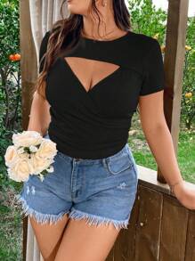 Easura Plus Size Nữ Mùa Hè Màu Trơn Cổ Tròn Tay Ngắn Rỗng Ra Lượn Sóng Slim Fit Áo Thun - màu đen - Xem 4