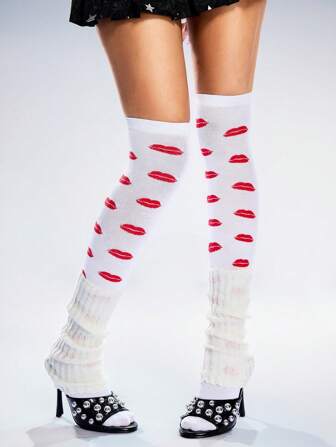 Kawaii 1 Pair Women Lip Print White Over-The-Knee Socks With White Leg Warmers, Year-Round