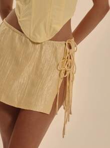 MUSERA Low Rise Multi Tie Side Split Detail Textured Satin Mini Skirt Spring Summer Sexy Club Vacation  New Years Party - Yellow - View 5