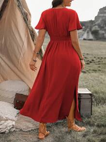 EMERY ROSE Plus Size V-Neck Cinching Waist Split Batwing Sleeve Dress Maxi Women Outfit - Red - View 2