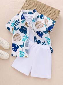 Set 2 bucăți pentru băieți, cămașă cu mânecă scurtă la un singur piept + pantaloni scurți sport casual cu talie elastică, ținută versatilă la modă cu imprimeu de frunze pentru vară