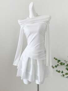 Chiquease Conjunto de 2 Peças com Top Elegante de Chiffon Ombro à Mostra Assimétrica e Saia Rodada, Primavera/Verão