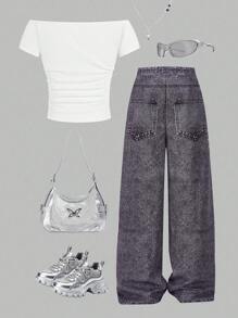 Lunivi Y2K Style Teen Girl 1 Set: Solid Color Off Shoulder Knit Top + Denim Effect Rhinestone Loose Wide-Leg Pants