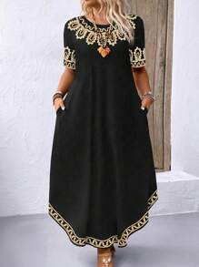 EMERY ROSE Plus Size Round Neck Short Sleeve Solid Color Long Dress Maxi Women Outfit - Multicolor - View 3