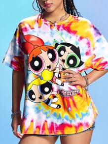 THE POWERPUFF GIRLS X SHEIN Women's Super Loose Colorful Tie-Dye T-Shirts, Music Festival T-Shirts, Blossom, Buttercup, Bubbles, PPG, Cartoon Patterns, Flower Patterns, Heart Patterns, Red, Yellow, Green, Blue, Y2K, Concert, Rave Festival, Country, Cute, Casual, 2025 Spring And Summer - Multicolor - View 4
