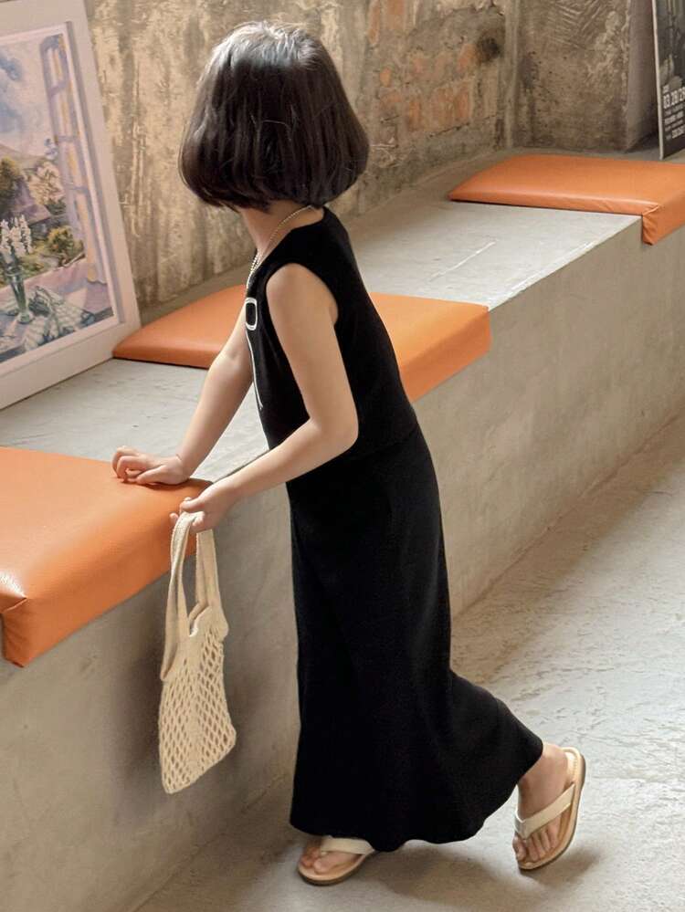 Girls Young Girl 2pcs Knitted Sleeveless Bow Printed Tank Top & Skirt Outfit, Fashion Set For Summer