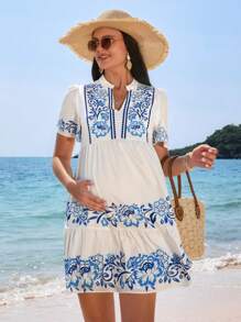 SHEIN Maternity Casual Floral Print V-Neck Short Puff Sleeve Dress
